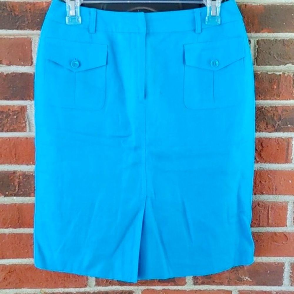 NWT Talbots 100% Linen Cargo Style Midi Pencil Skirt Pockets Turquoise 10 Petite